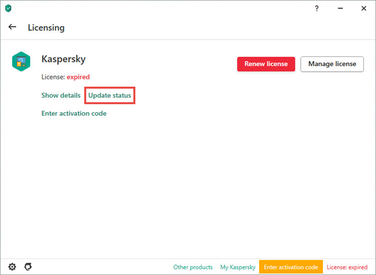 Updating the license status in a Kaspersky application