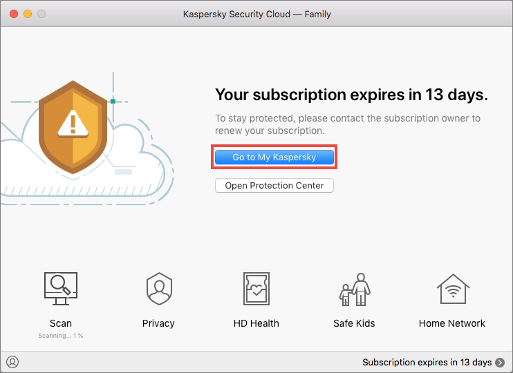 Opening the Licensing window in Kaspersky Security Cloud for Mac