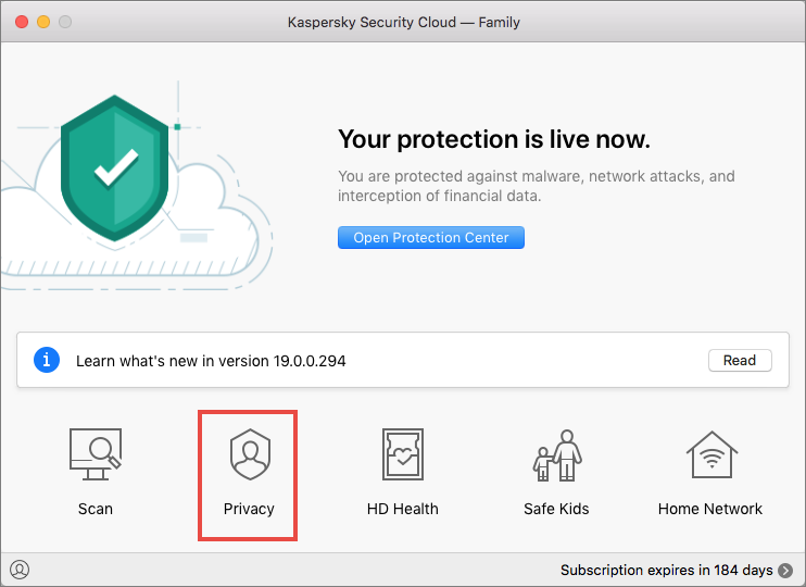 Opening the Privacy window of Kaspersky Security Cloud 19 for Mac