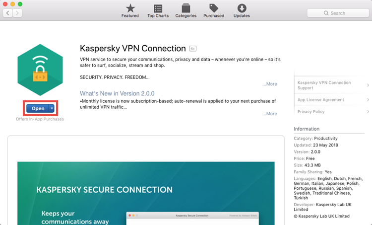 Running Kaspersky Secure Connection for Mac
