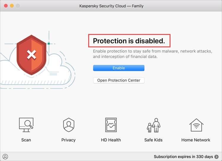 Protection is disabled messaged in the main window of Kaspersky Security Cloud 19 for Mac