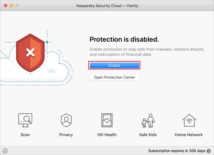 Enabling protection in Kaspersky Security Cloud 19 for Mac