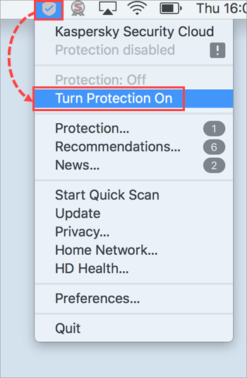 Enabling protection in Kaspersky Security Cloud 19 for Mac from the shortcut menu