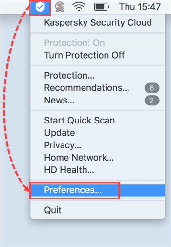 Opening the Preferences window of Kaspersky Security Cloud 19 for Mac