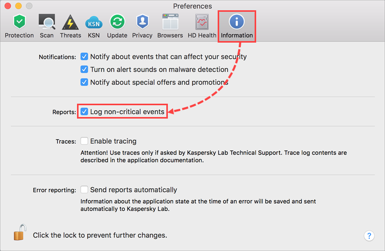 Enabling tracing of non-critical events in Kaspersky Security Cloud 19 for Mac 