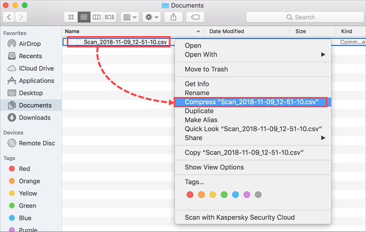 Compressing a report for Kaspersky Security Cloud 19 for Mac
