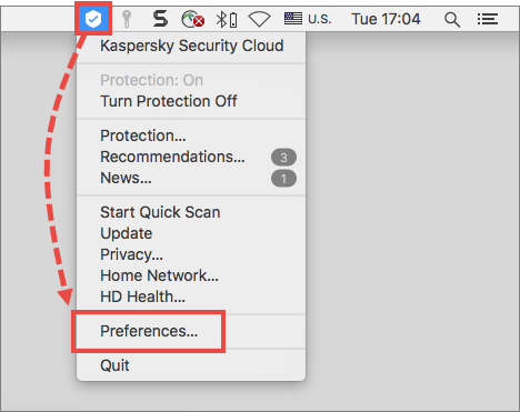 Opening the Preferences window of Kaspersky Security Cloud 19 for Mac
