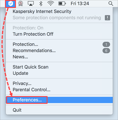 Opening the Preferences window of Kaspersky Internet Security 19 for Mac