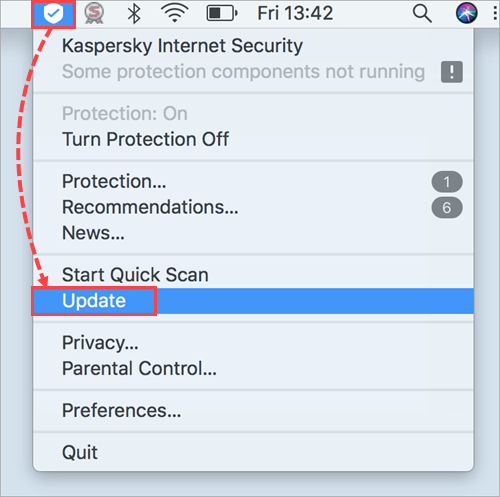 Updating databases in Kaspersky Internet Security 19 for Mac through the application menu