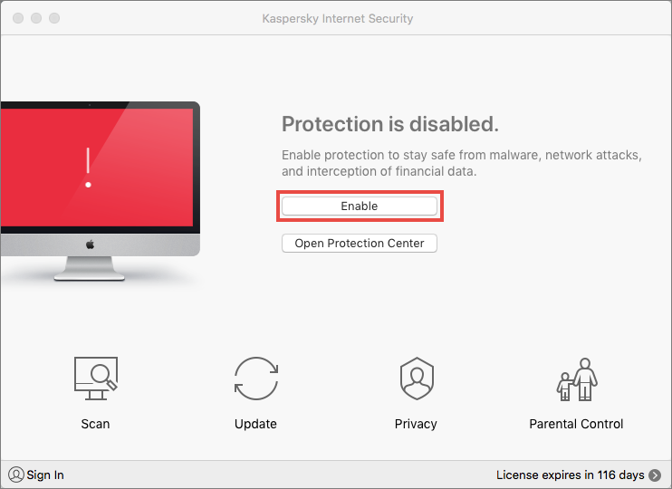 The main window of Kaspersky Internet Security 19 for Mac