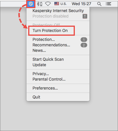 The context menu of Kaspersky Internet Security 19 for Mac