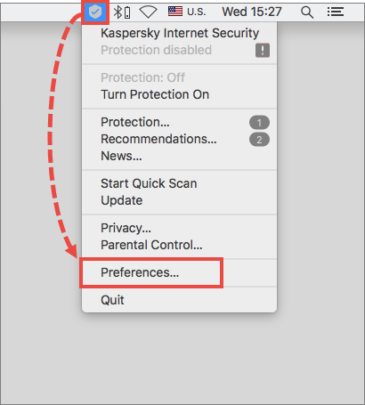 The context menu of Kaspersky Internet Security 19 for Mac