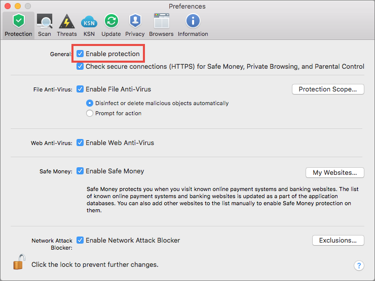 The Preferences window of Kaspersky Internet Security 19 for Mac