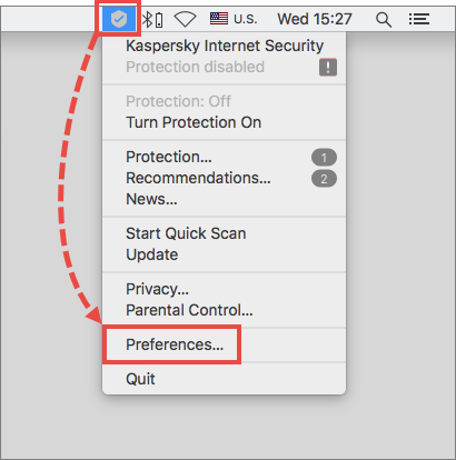 Opening the Preferences window of Kaspersky Internet Security 19 for Mac 