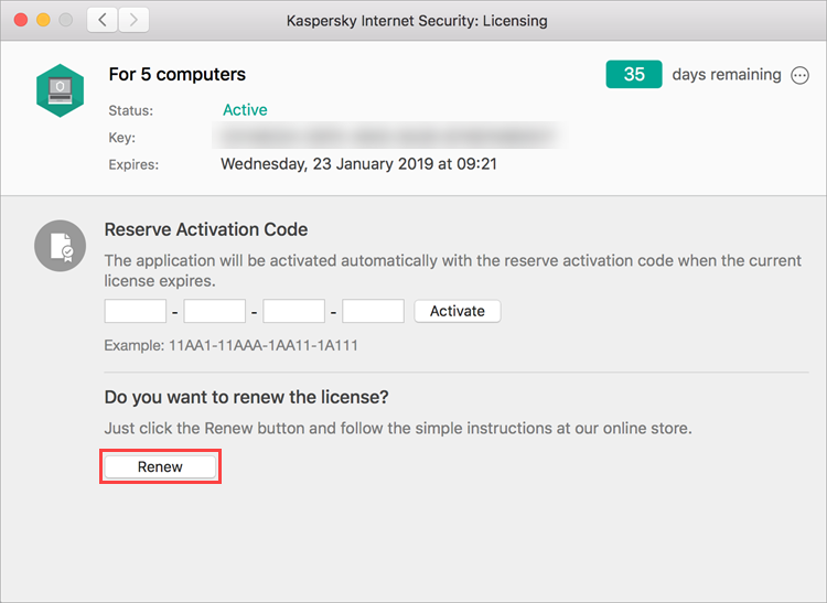 Opening the store for purchasing a renewal code for Kaspersky Internet Security 19 for Mac