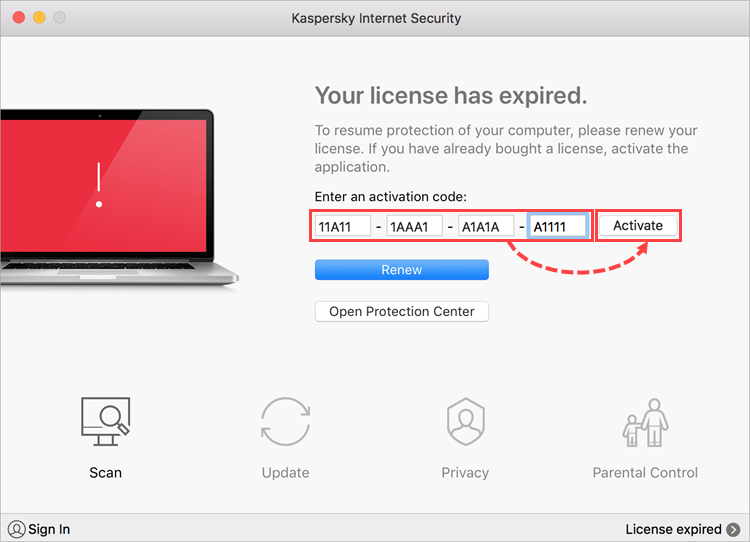 Entering a renewal code for Kaspersky Internet Security 19 for Mac