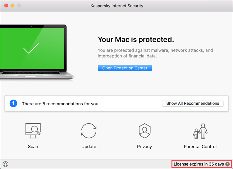 Opening the Licensing window of Kaspersky Internet Security 19 for Mac