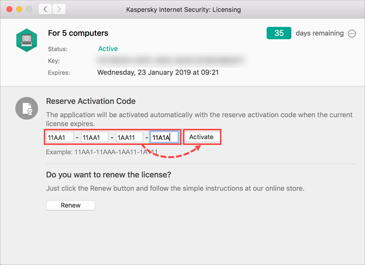 Entering a renewal code as a reserve activation code in Kaspersky Internet Security 19 for Mac