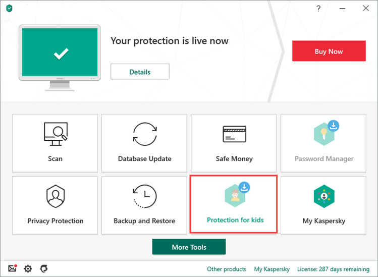 Opening Protection for kids settings in Kaspersky Total Security 20