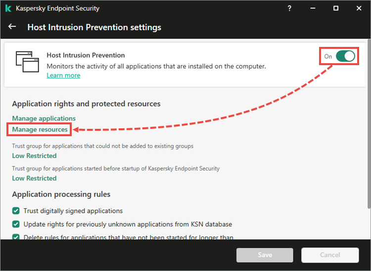 The settings menu in the local interface of Kaspersky Endpoint Security 11