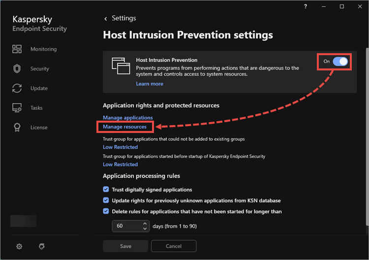 Host Intrusion Prevention component settings in Kaspersky Endpoint Security for Windows