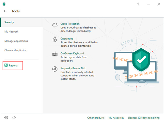 Opening the Reports window in Kaspersky Internet Security 19