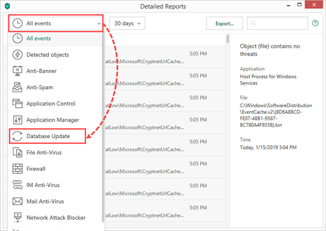 Selecting database update reports in Kaspersky Internet Security 19
