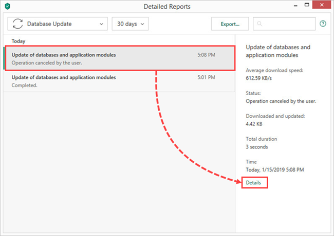 Opening a detailed update report in Kaspersky Internet Security 19