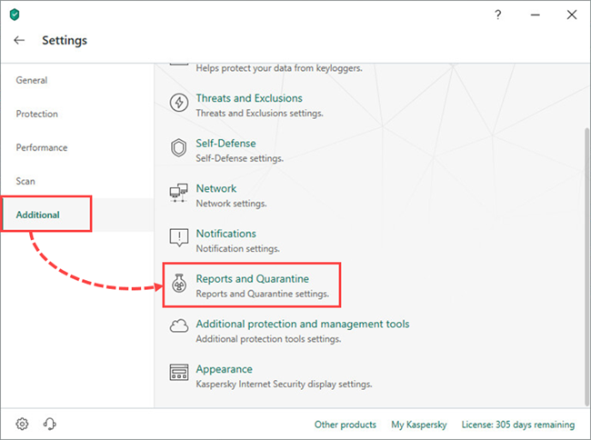 Opening the Reports and Quarantine settings in Kaspersky Total Security 19