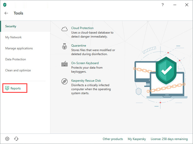Opening the Reports window in Kaspersky Total Security 19