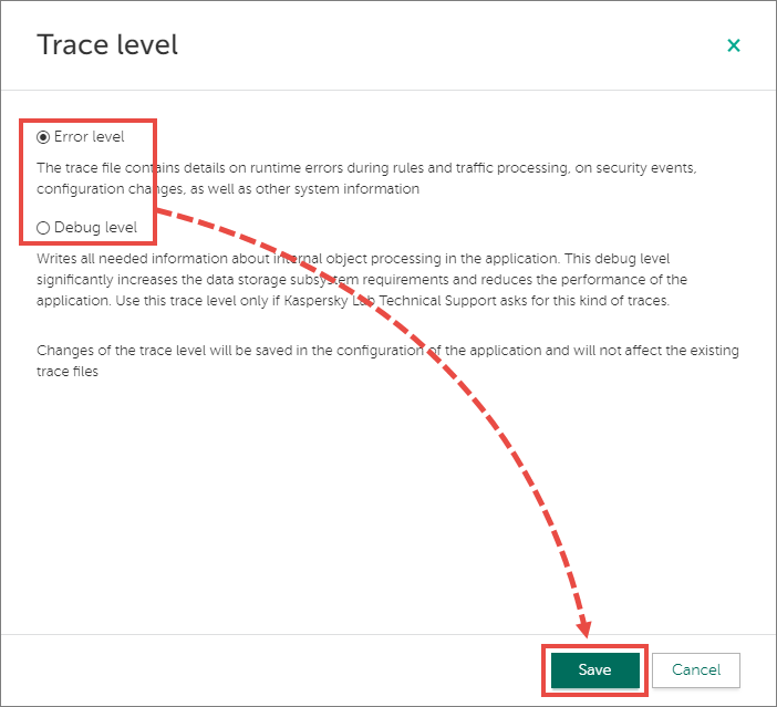 Changing the trace level in Kaspersky Web Traffic Security 6.0