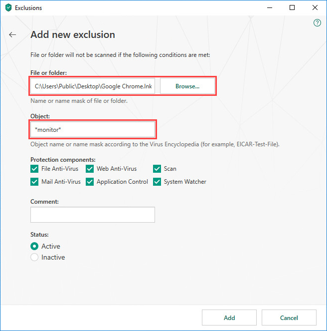 Excluding a file, folder or object from scanning in Kaspersky Security Cloud 19
