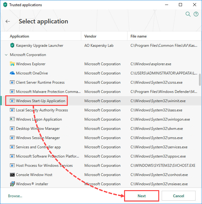 Selecting an application in Kaspersky Security Cloud 19