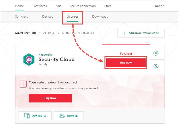 Renewing the subscription for Kaspersky Security Cloud 19 through My Kaspersky
