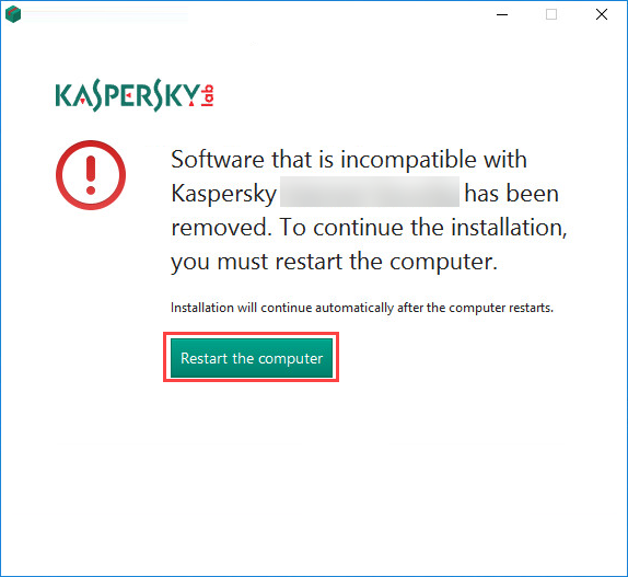 Restarting the computer after removing incompatible applications during the installation of Kaspersky Internet Security 19
