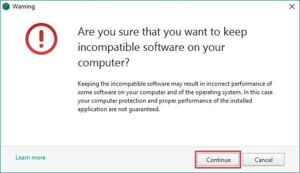 Confirming not to remove incompatible applications while installing Kaspersky Internet Security 19