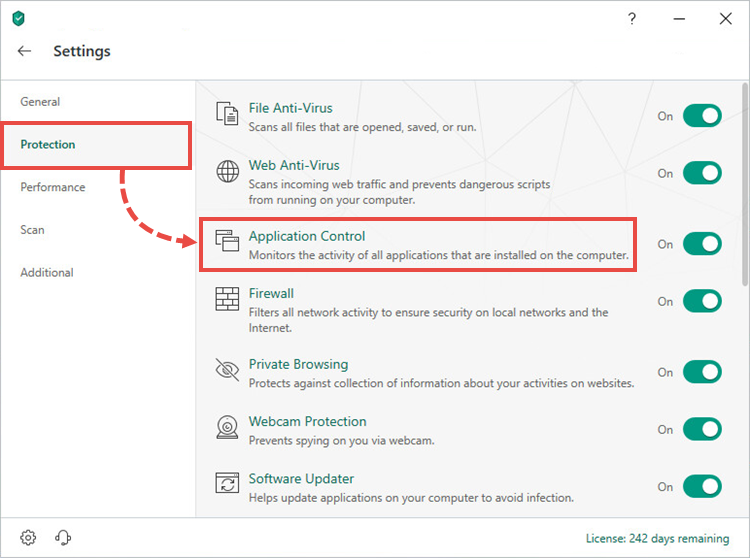 Opening the Application Control window in Kaspersky Total Security 19
