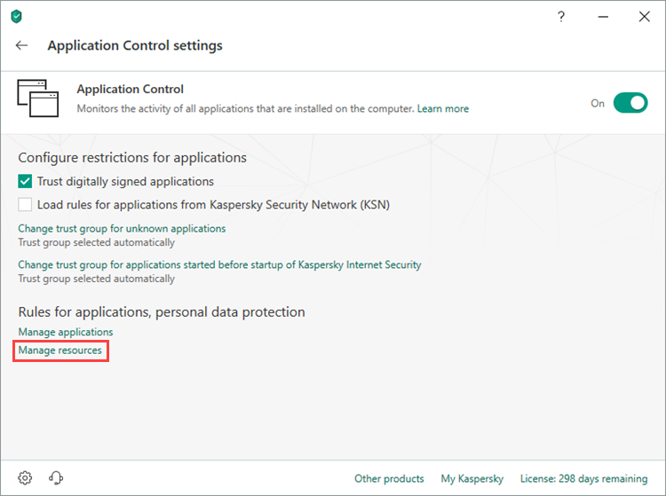 Opening the Manage resources window in Kaspersky Total Security 19