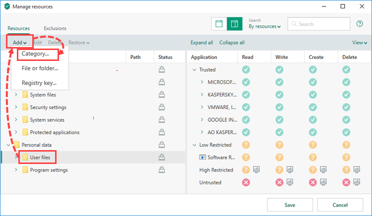 Creating a category in Kaspersky Total Security 19