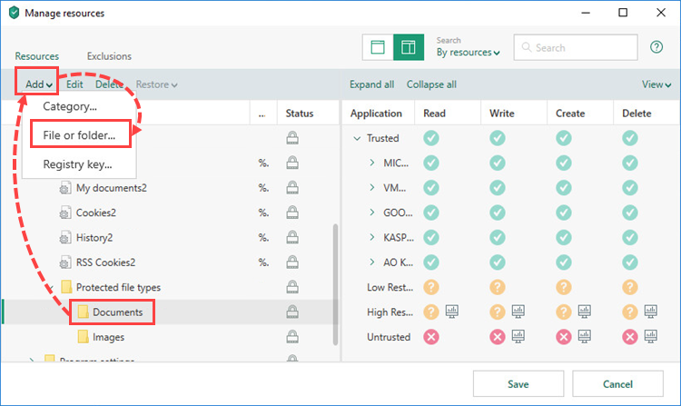 Creating a folder in the Manage resources window in Kaspersky Total Security 19