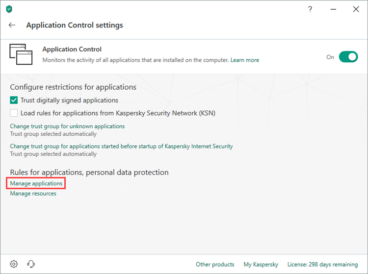 Opening the Manage applications window in Kaspersky Total Security 19