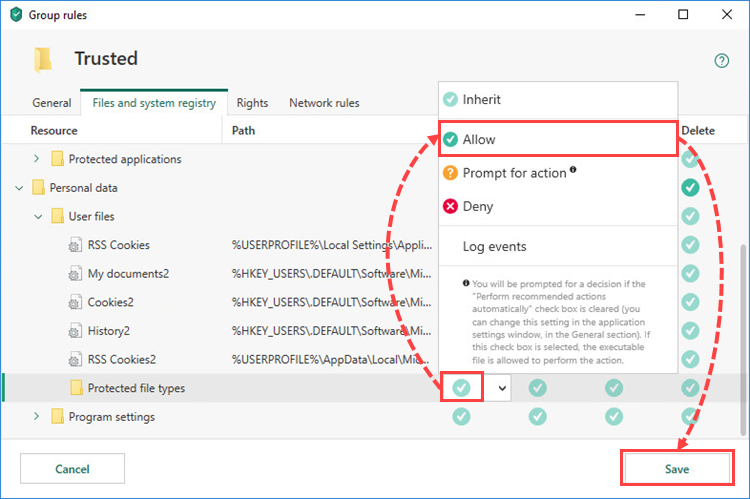 Configuring rules for a category in Kaspersky Total Security 19