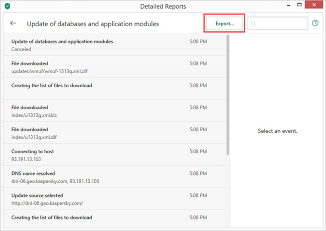 Saving a detailed report in Kaspersky Security Cloud 19