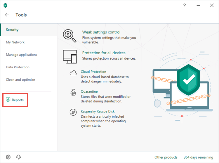 Opening the Reports window of Kaspersky Security Cloud 19