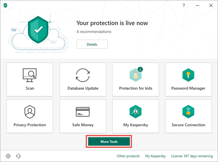 Opening the Tools window of Kaspersky Security Cloud 19