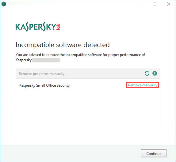 Manually removing incompatible applications during the installation of Kaspersky Security Cloud