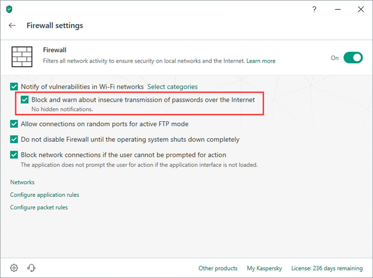 Blocking the insecure transmission of passwords in Kaspersky Total Security 19