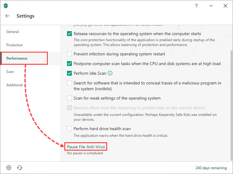 Opening the File Anti-Virus settings window of Kaspersky Security Cloud 19
