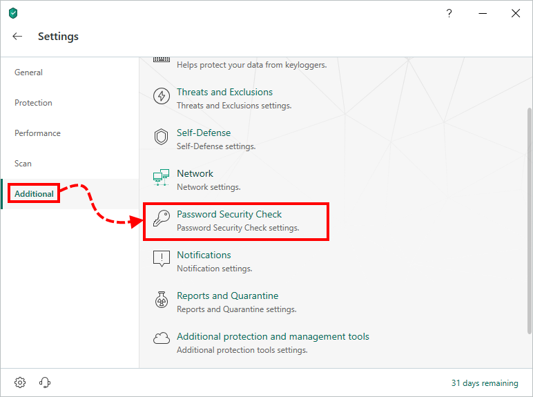 Opening the settings the Password Security Check in Kaspersky Security Cloud 19