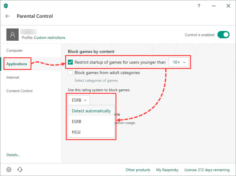 Restricting access to games based on a rating system in Kaspersky Internet Security 19